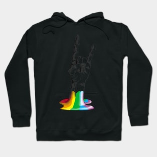 Hand making metal rock gesture coming out of rainbow Hoodie